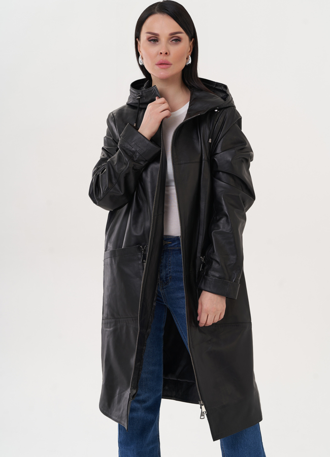 Кожаный плащ с капюшоном модель № 26955 в кредит