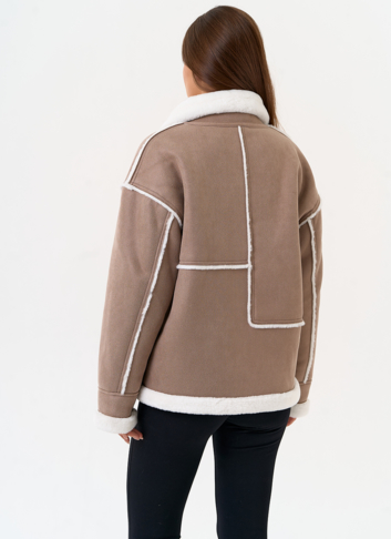 Женская дубленка из эко замши с воротником стойкой