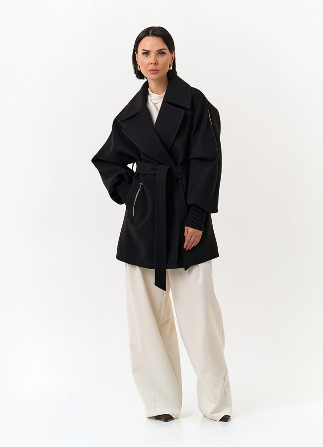 Женское укороченное пальто с декоративными молниями модель № 32805 в рассрочку