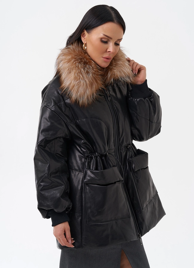 Кожаный пуховик с мехом модель № 29404 меха малина фото