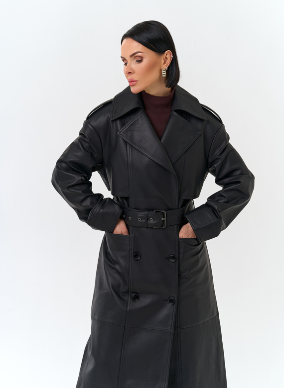 Женский плащ из натуральной кожи с поясом