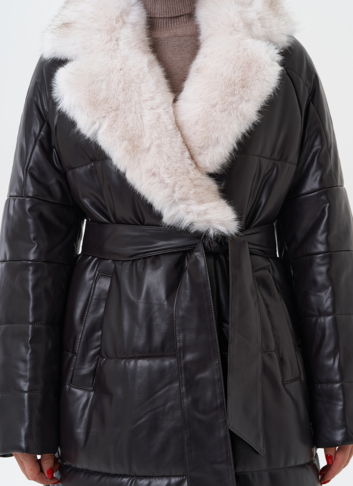 Пуховик из эко кожи с английским воротником