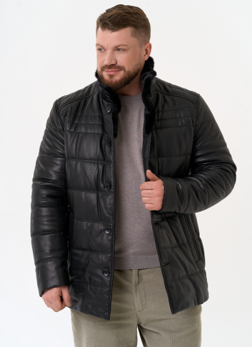 Пуховик из натуральной кожи с воротником стойкой