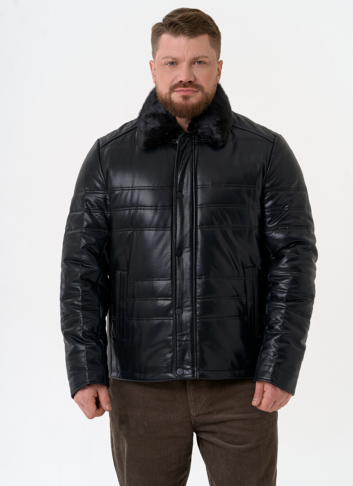 Пуховик из эко кожи с воротником стойкой