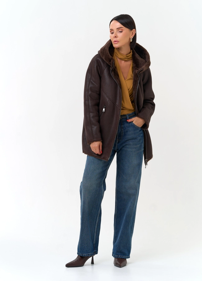 Женская дубленка из эко замши модель № 33888 универмаг малина