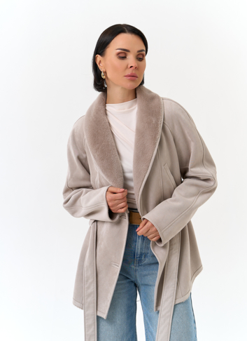 Женская дубленка из эко замши с поясом