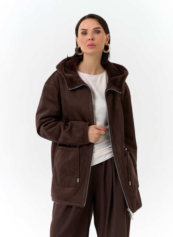 Двухсторонняя дубленка из эко замши с капюшоном