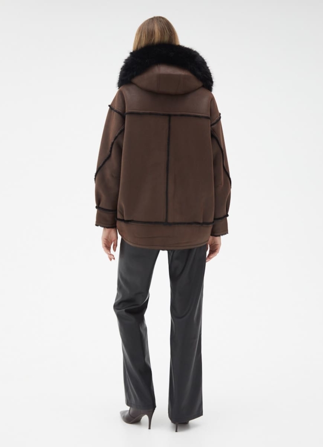 Женская дубленка из эко кожи с капюшоном модель № 32021 в кредит