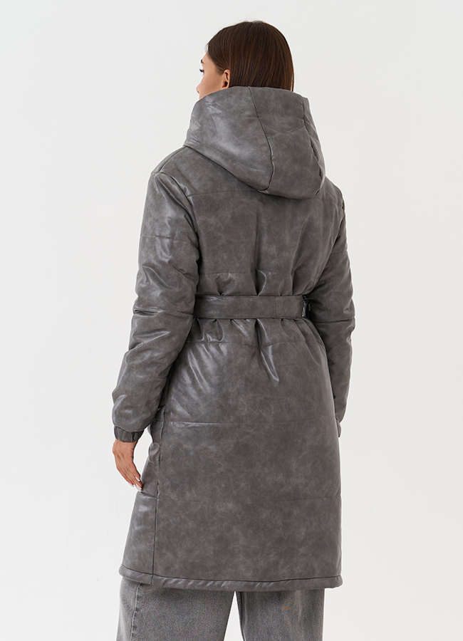 Пуховик из эко кожи с капюшоном модель № 28515 универмаг малина