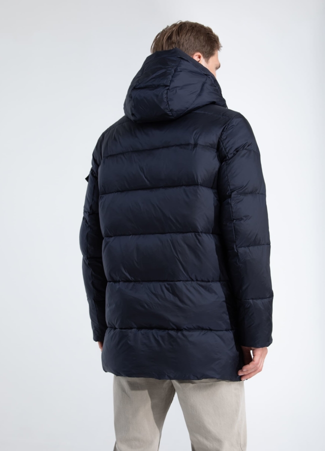 Пуховик мужской синего цвета с капюшоном  модель № 25789 универмаг малина