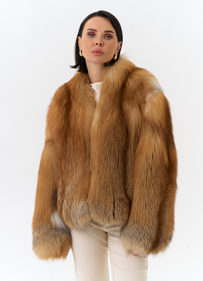 Укороченная шуба из меха рыжей лисы модель № 32502 меха малина
