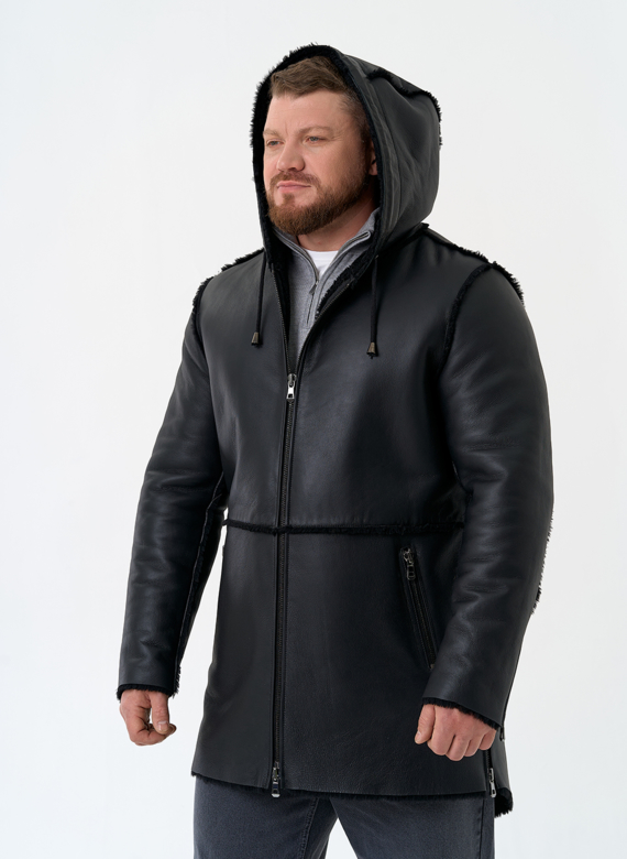 Мужская натуральная дубленка с капюшоном