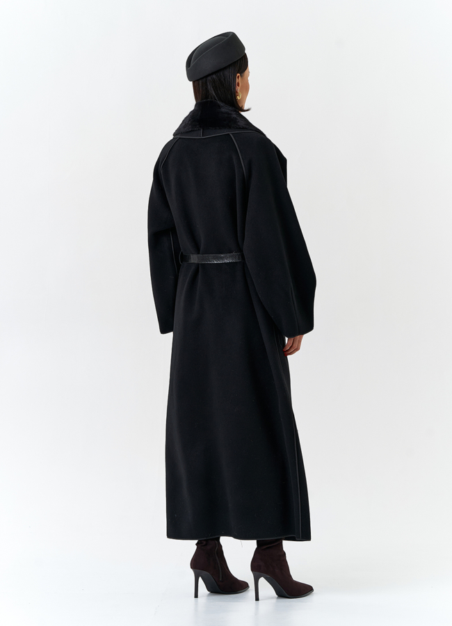 Женское длинное пальто с воротником из меха норки модель № 32648 в рассрочку