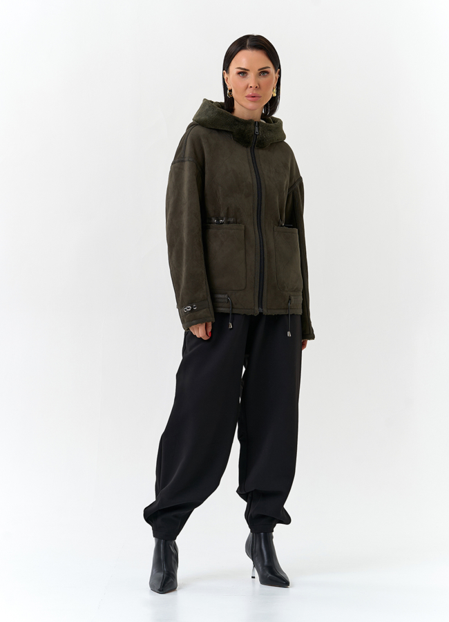 Женская дубленка из эко замши с капюшоном модель № 32585 универмаг малина