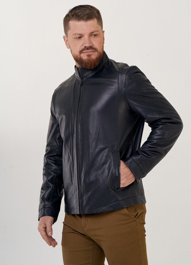 Куртка мужская из натуральной кожи с воротником стойкой  модель № 20274, 24366 меха малина