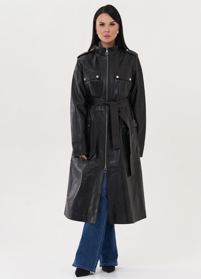 фото Плащ из натуральной кожи черного цвета модель № 26954