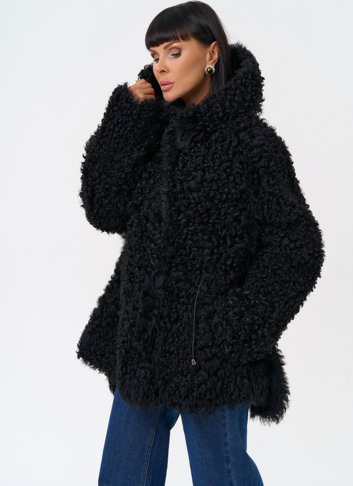 Женская двухсторонняя дубленка с капюшоном