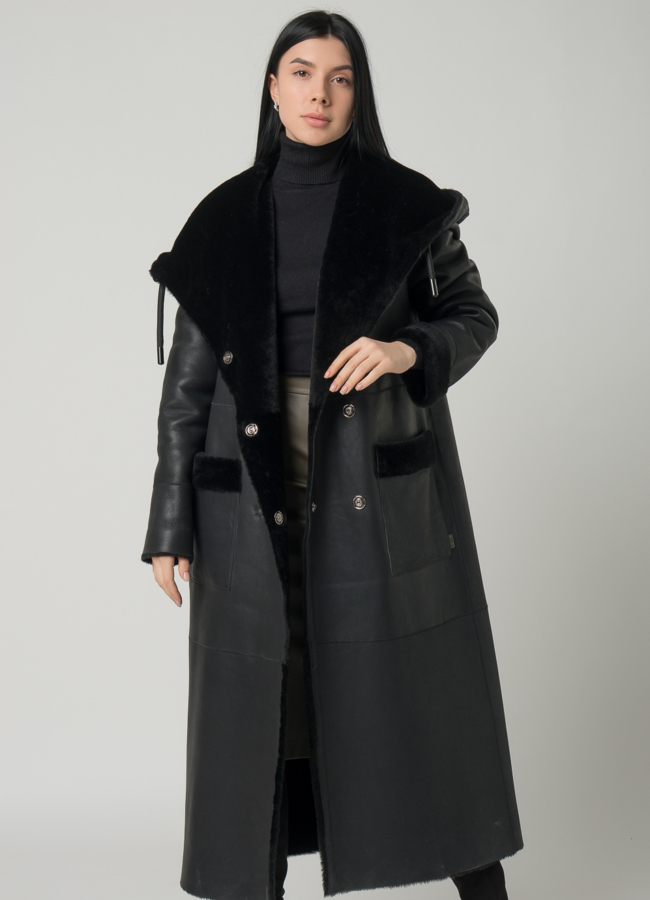 Удлиненная женская дубленка с капюшоном модель № 79587 универмаг малина