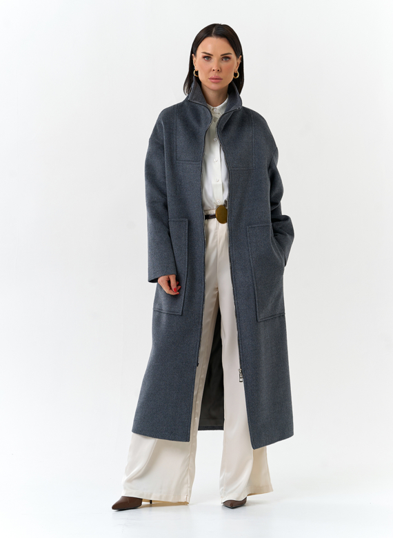 Женское длинное пальто с воротником стойкой