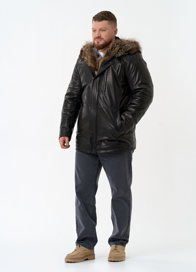 Мужская натуральная дубленка на волке с отделкой из меха енота модель № 26231 универмаг малина