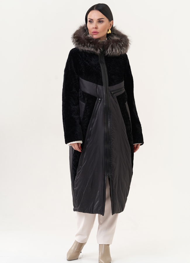 фото Комбинированный пуховик с овчиной модель № 26912