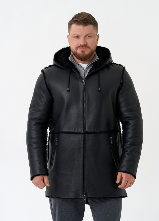 Мужская натуральная дубленка с капюшоном модель № 32060 меха малина