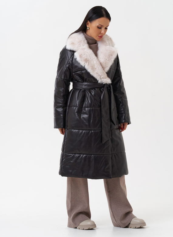Пуховик из эко кожи с английским воротником