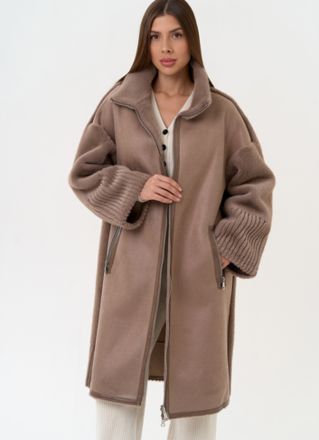 Женская двухсторонняя дубленка из эко замши с воротником стойкой