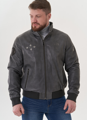 Мужская кожаная куртка "бомбер" с капюшоном