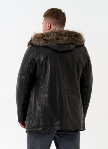 Мужская натуральная дубленка на волке с отделкой из меха енота