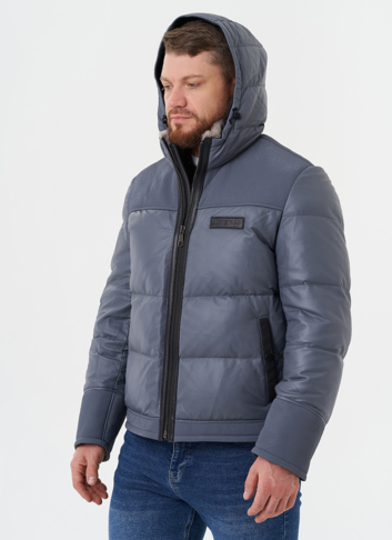 Пуховик из натуральной кожи с капюшоном