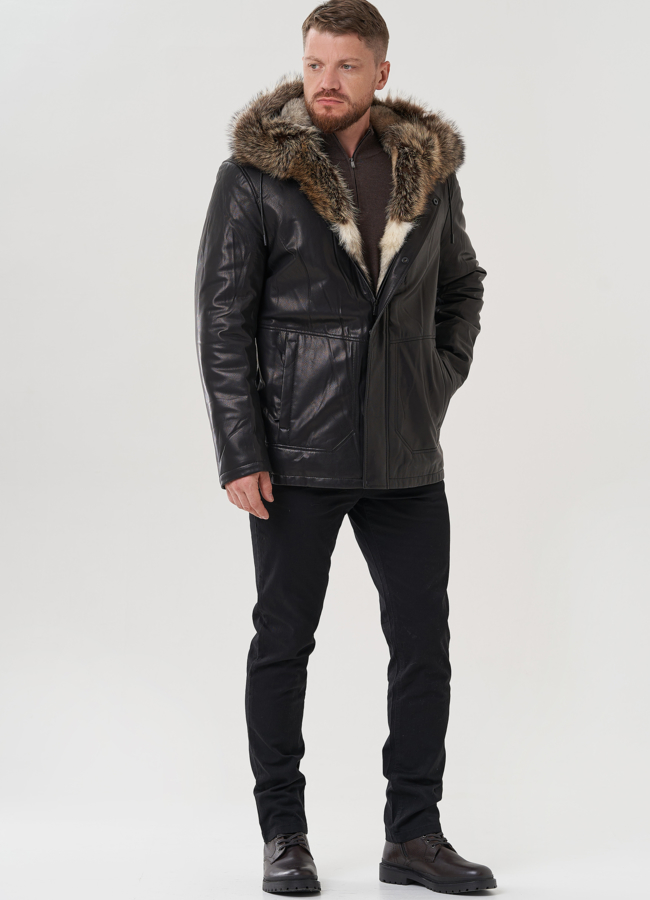 фото Мужская куртка с капюшоном на мехе из волка модель № 82262