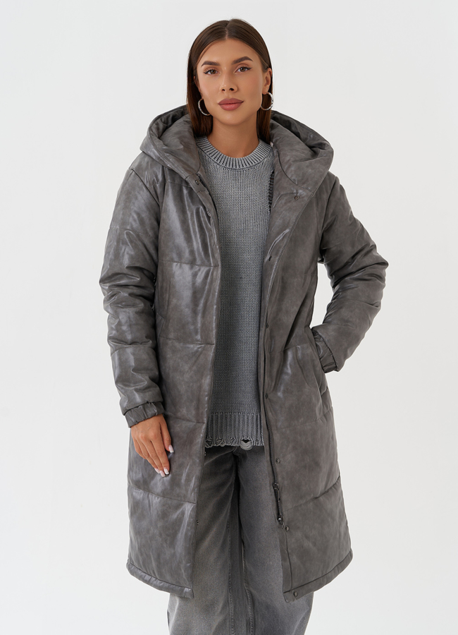 Пуховик из эко кожи с капюшоном модель № 28515 универмаг малина