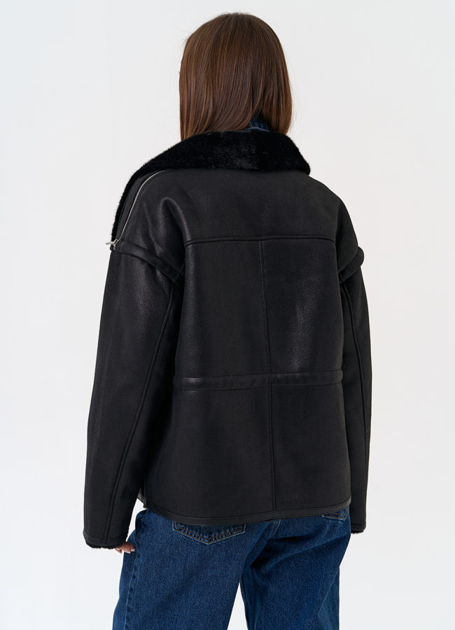 фото Женская дубленка из эко замши в черном цвете модель № 31433