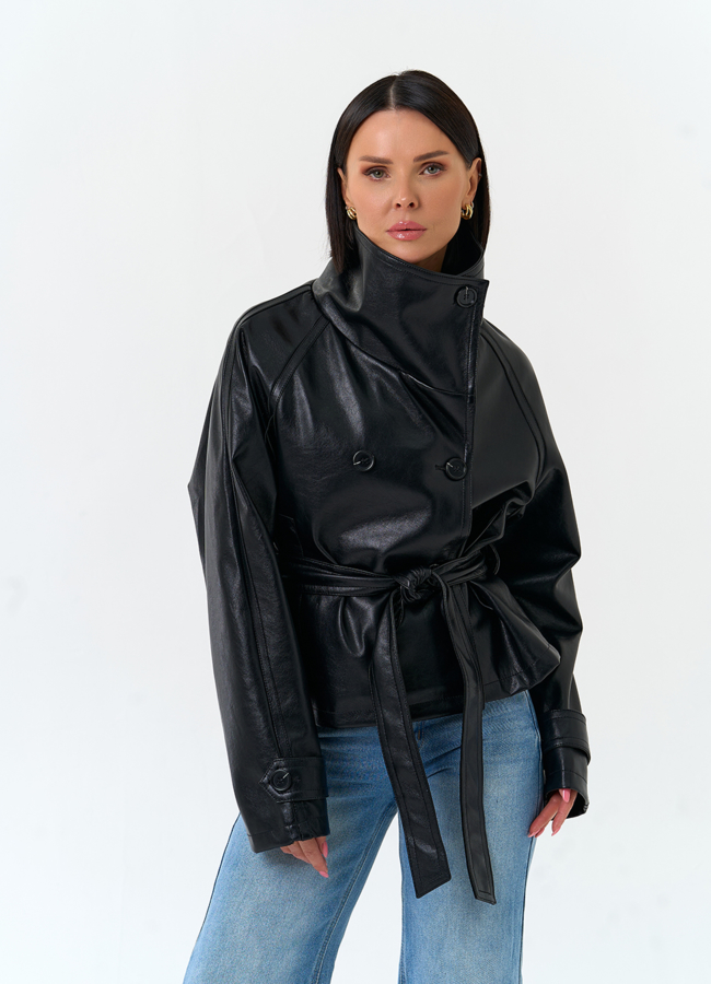 Женская куртка из эко кожи с поясом модель № 33145 меха малина