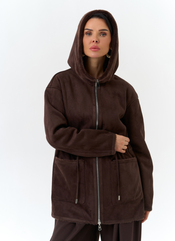 Двухсторонняя дубленка из эко замши с капюшоном